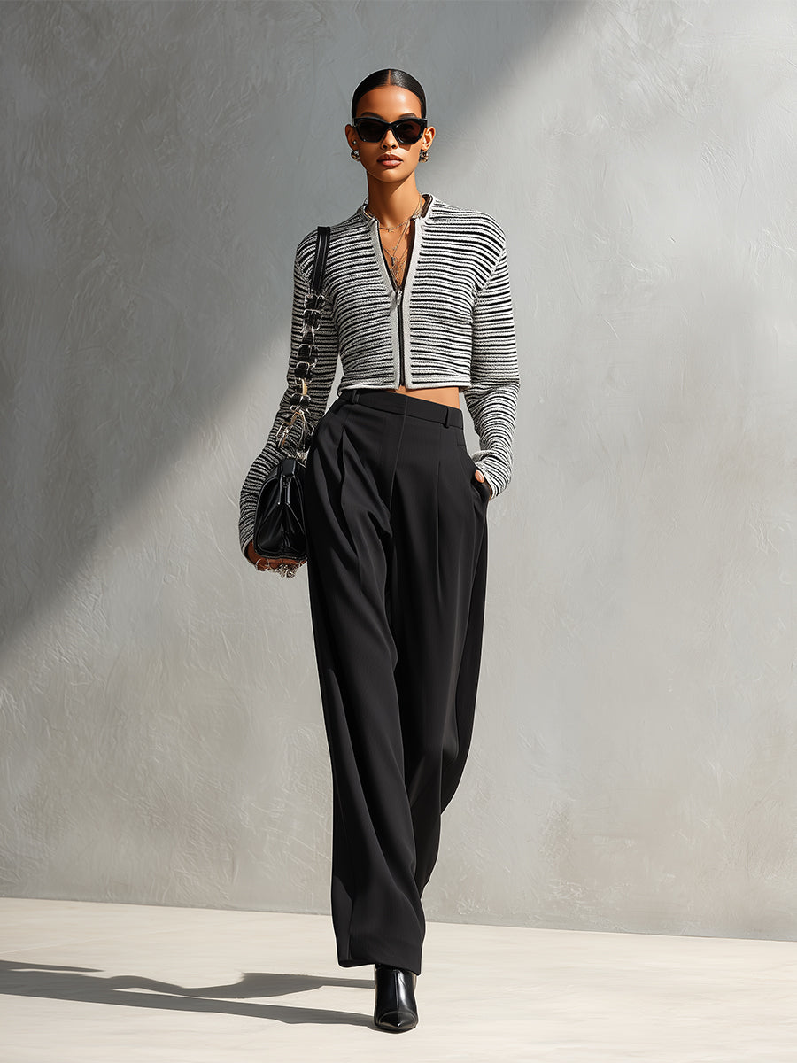 Women's Black - White Chic Knit Zip - Up Cropped Cardigan And Wide - Leg Pants Set MDA0805I8I