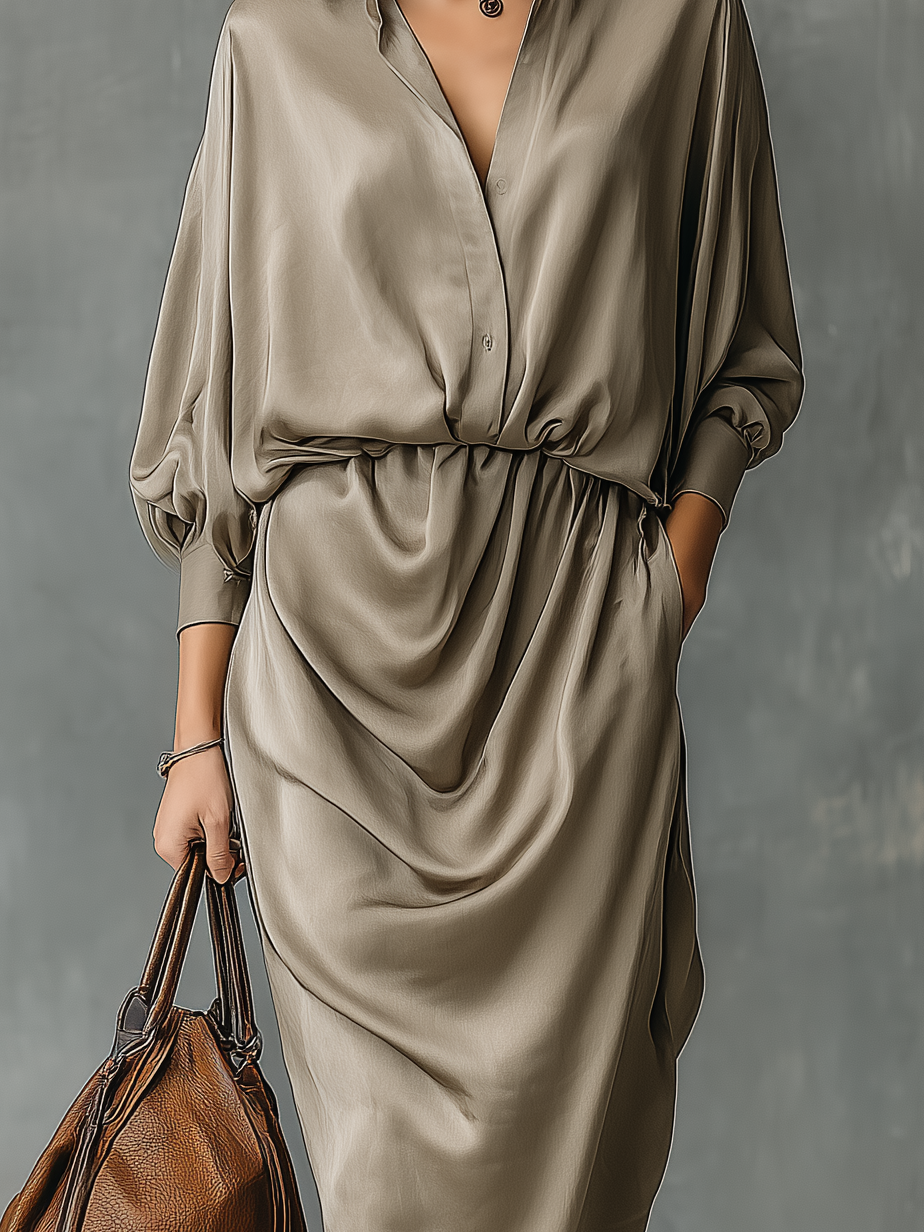 Women's Elegant Khaki Satin Shirt Collar Long-sleeved Midi Dress MDA1297L0AN