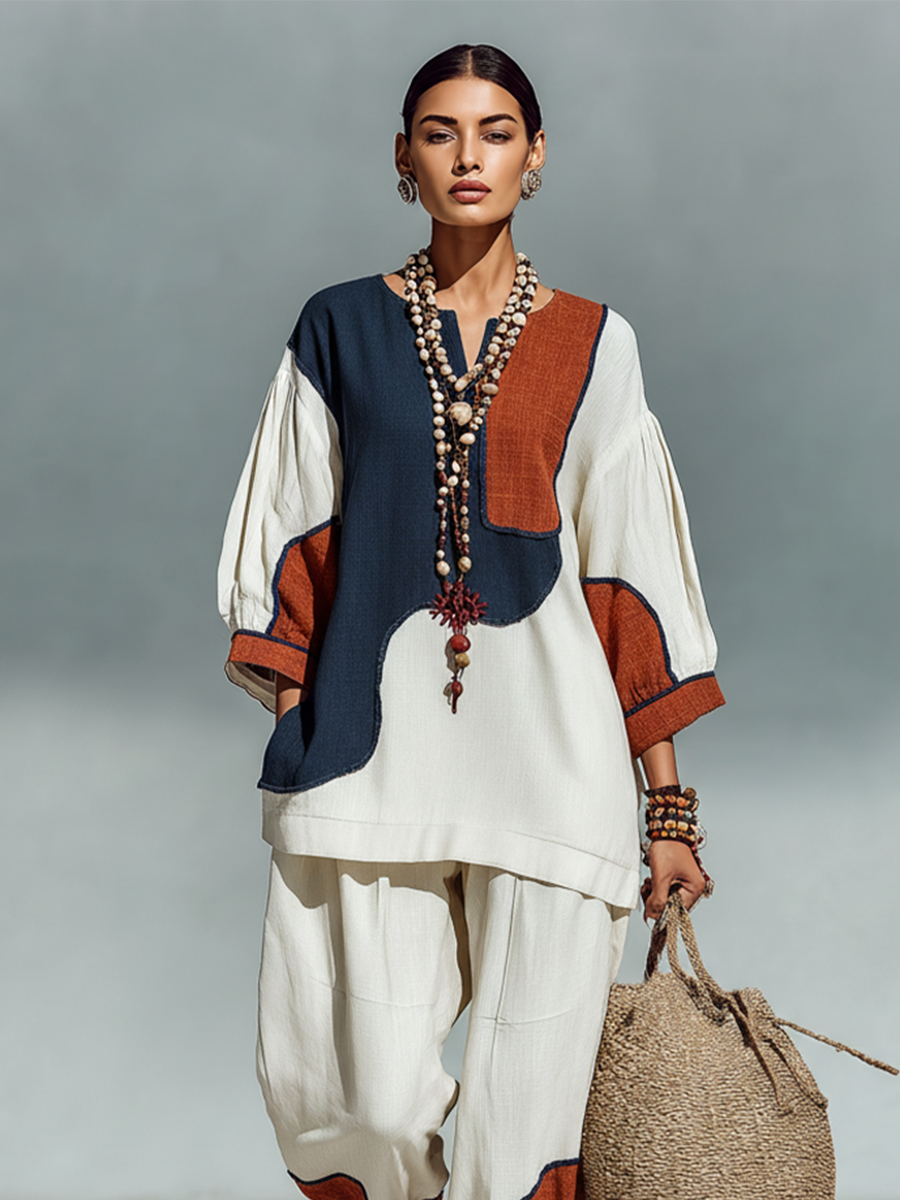 Women's Multicolor Patchwork Linen Set With Relaxed Fit & Patchwork Detail, Timeless Boho-Chic Style Set MDZ2700B6I