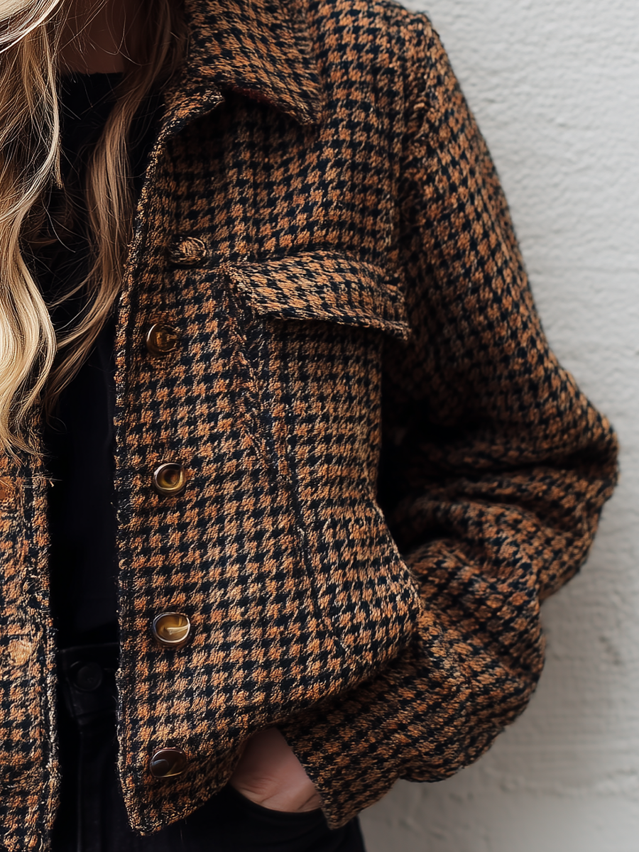 Women's Brown And Black Houndstooth Wool Short Jacket MDA0803K9T
