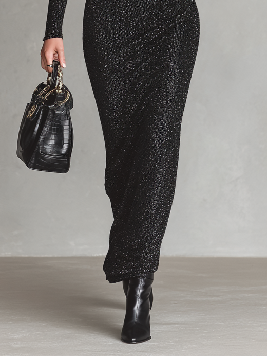 Women's Minimalist Slim Elastic Glitter Half-high Collar Maxi Party Dress MDA1877I9Y