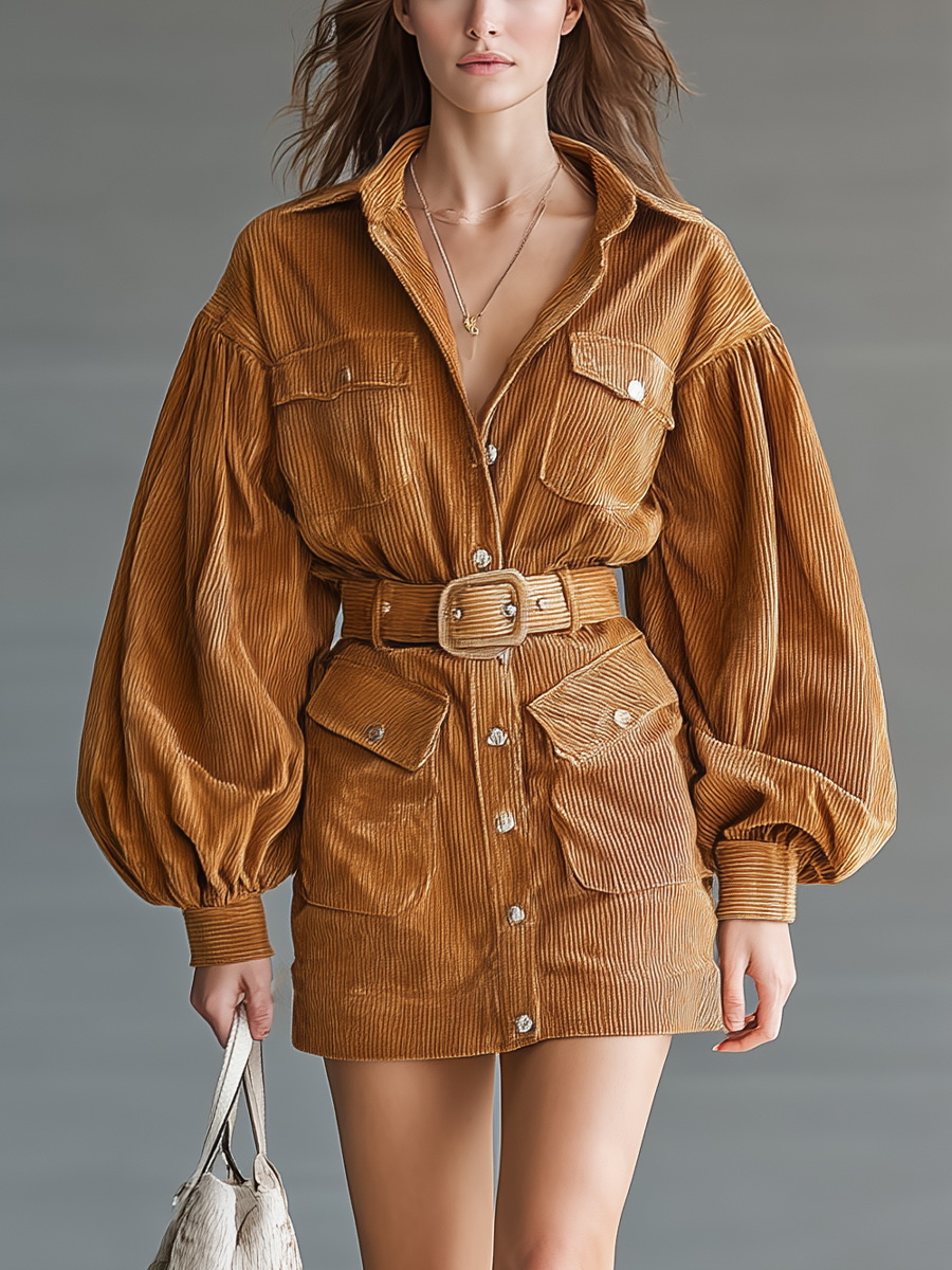 Women's Caramel Corduroy Shirt Collar Puff Sleeve Mini Dress MDA2584J6T