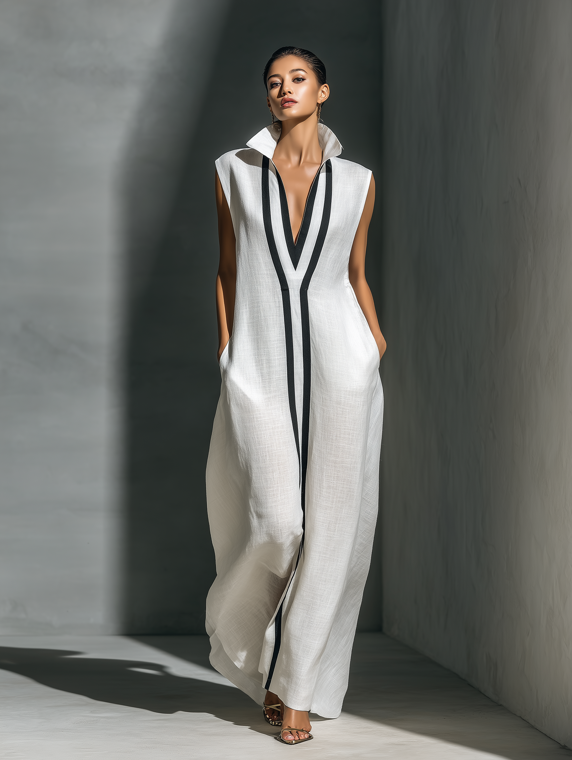 Women's White Linen Fabric Sleeveless Maxi Dress With Black Contrast Trim MDZ1973A8T