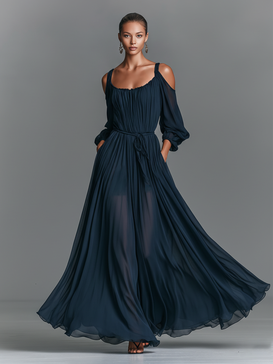 Women's Navy Blue Chiffon Dress With Tie-Waist Detail & Flowing Maxi Skirt, Timeless Romantic-Elegant Style Dress MDZ2524B2I