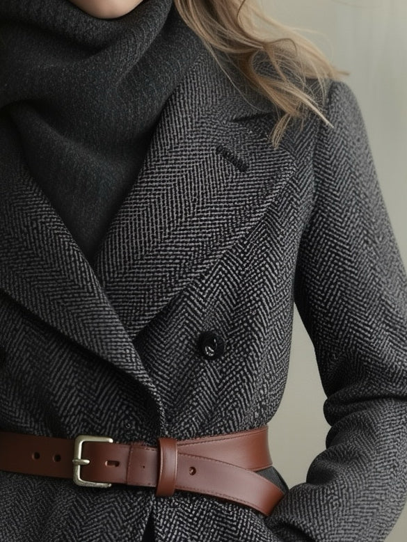 Women's Double-breasted Coat With Subtle Pattern And Contrasting Color Belt MDA0447K0AN