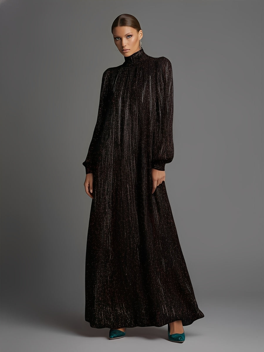 Women's Black Glittery Knit Elegant Maxi Dress With High Neck & Puff Sleeves, Glamorous Evening Dress MDA2791J6I