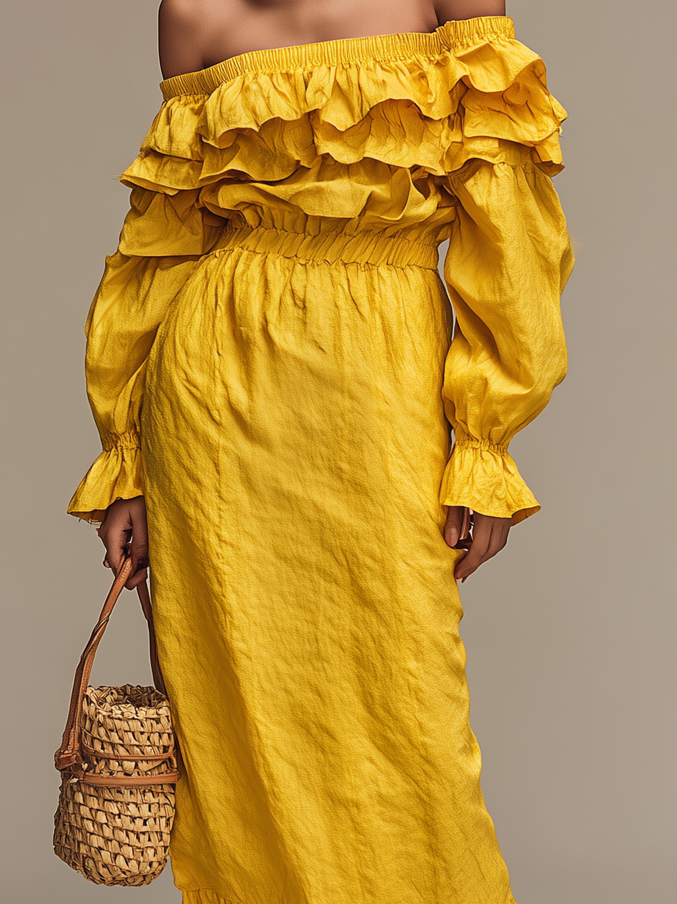 Women's Fashionable Yellow Elastic Off-Shoulder Woven Long-Sleeved Midi Dress MDA1575L5AN