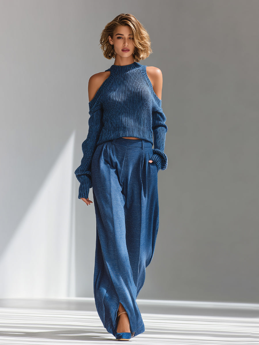 Women's Blue Elegant Ribbed Knit Cold - Shoulder Sweater And Wide - Leg Pants Set MDA1591I8I
