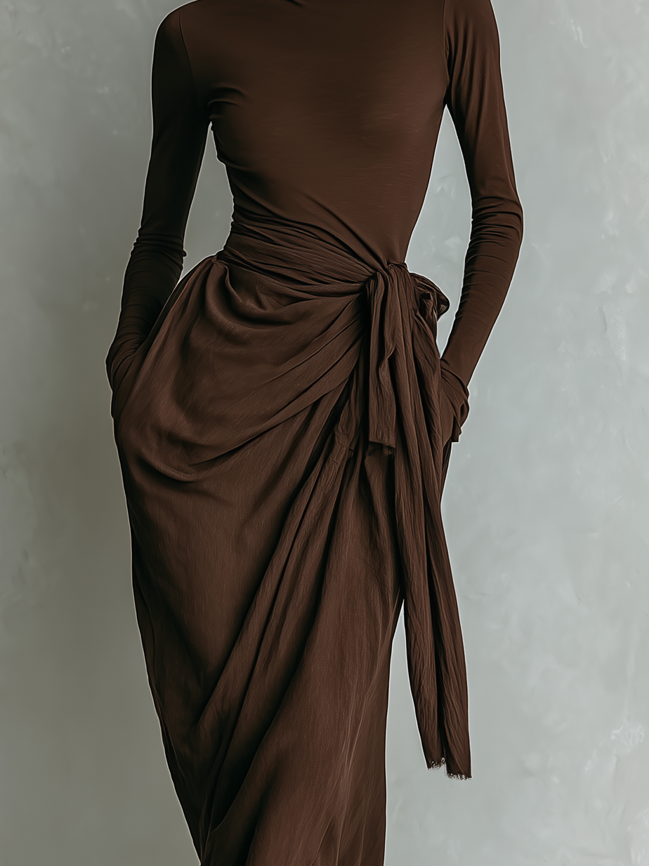 Women's Elegant Dark Brown Stretch Knit Turtleneck Long-sleeved Slim-fit Maxi Dress MDA1915L2AN