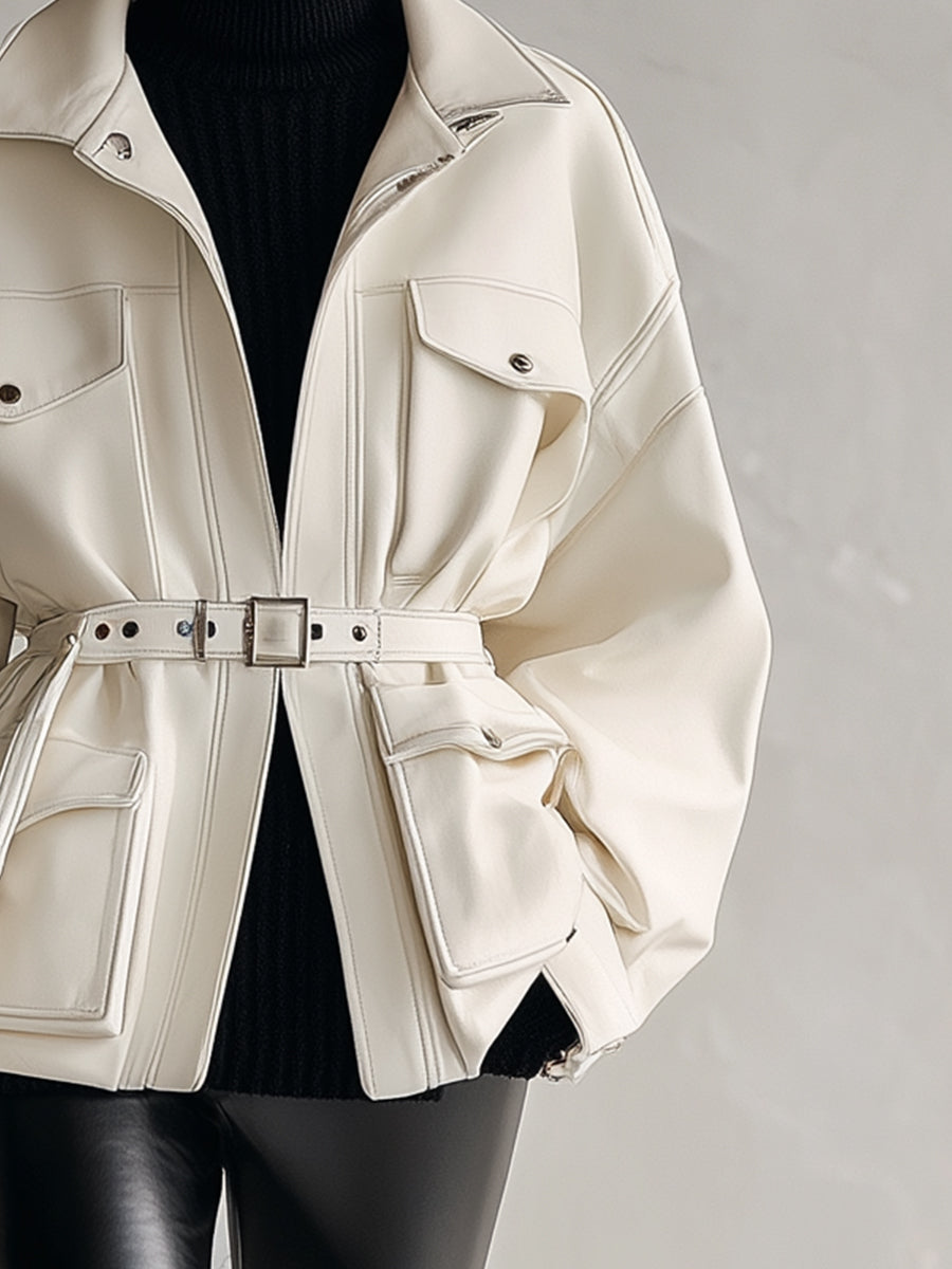 Women's Ivory Elegant PU Leather Belted Utility - Style Jacket (without Belt) MDA2627H6I