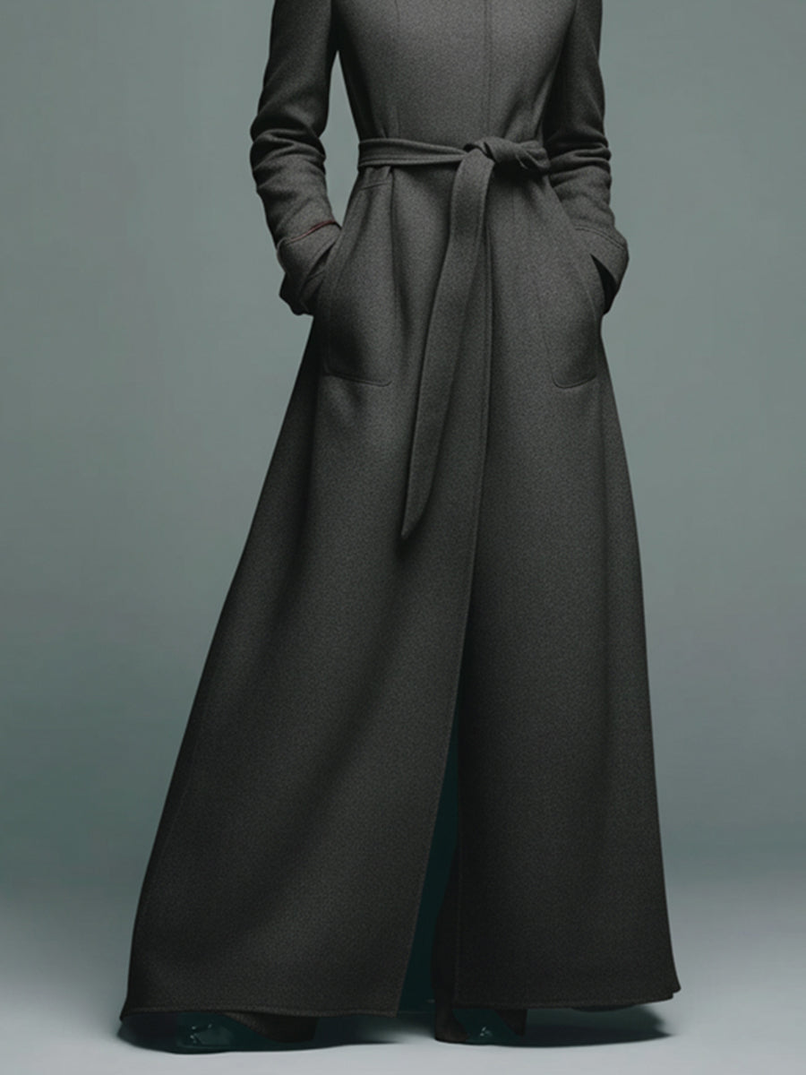 Women's Grey Elegant Wool - Blend Stand - Collar Belted Maxi Coat MDA2470J6I