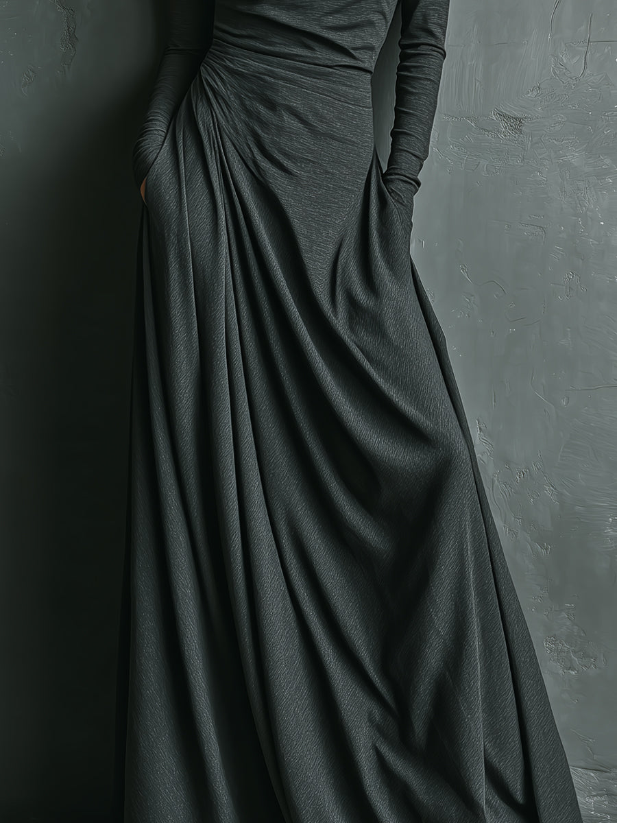 Women's Charcoal Elegant Stretch Polyester-Cotton Blend Turtleneck Draped Maxi Dress MDA1727J1I
