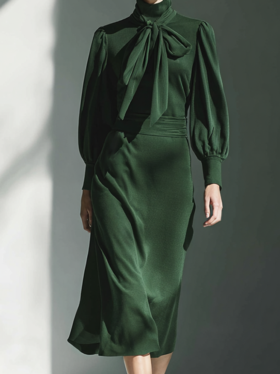 Women's Dark Green Tie-Waist Puff Sleeve Midi Dress MDA1033L0AP