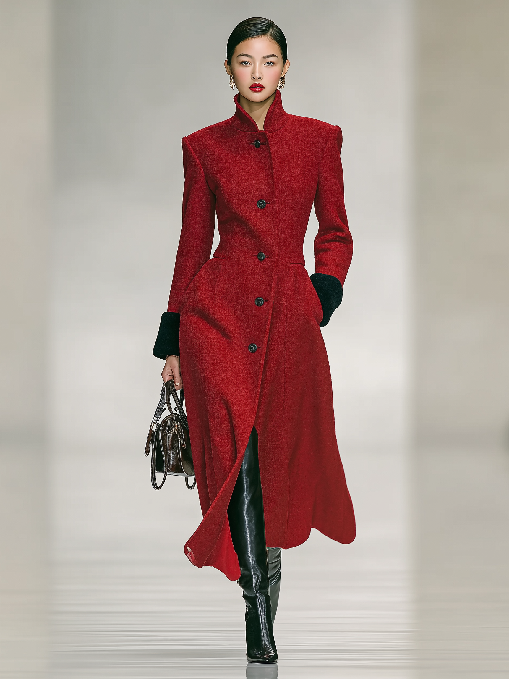 Women's Wool Blended Spliced plush Cuffs Stand Collar Single-breasted Long Coat MDA1185J7Y