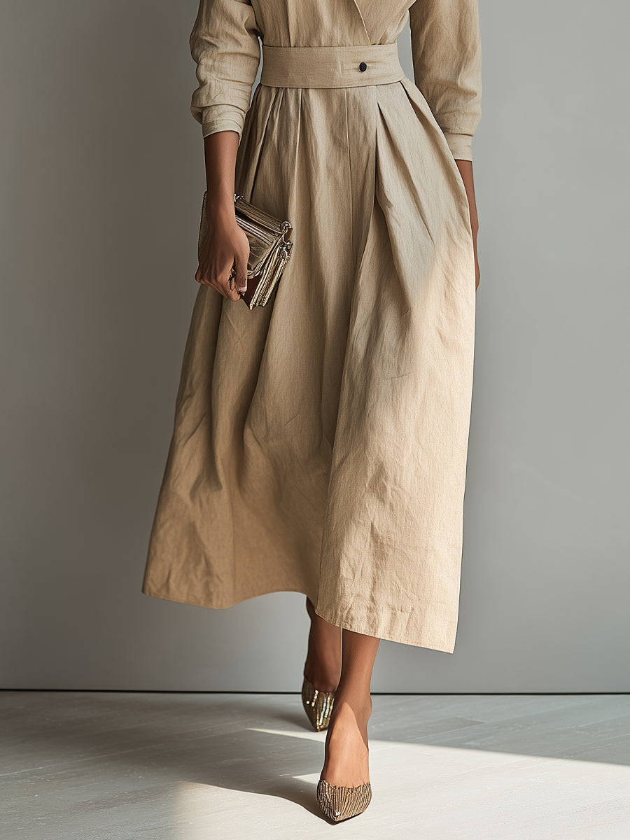 Women's Beige Elegant Linen Belted Wrap - Front Midi Dress MDA1115H3I
