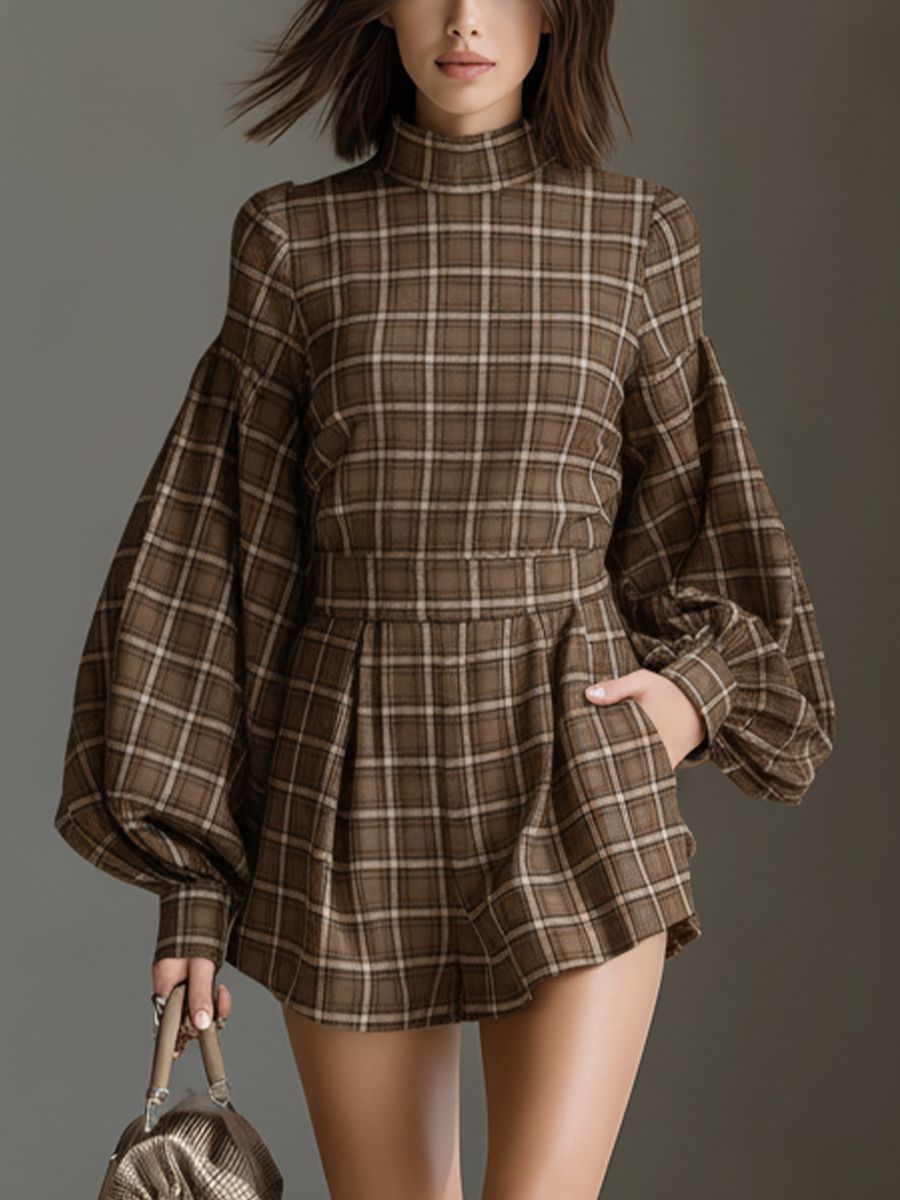 Women's Brown Plaid Tweed Lantern Sleeve High Neck Mini Dress MDA2580J9T