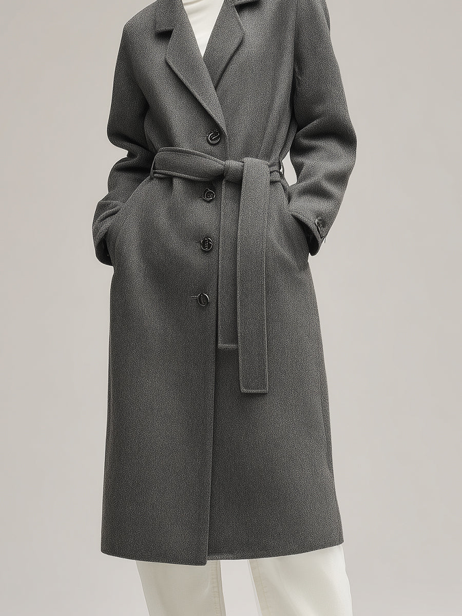 Women's Gray Tailored Wool Coat With Single-Breasted Button & Belted Waist, Sophisticated Everyday Style MDA2416J7I