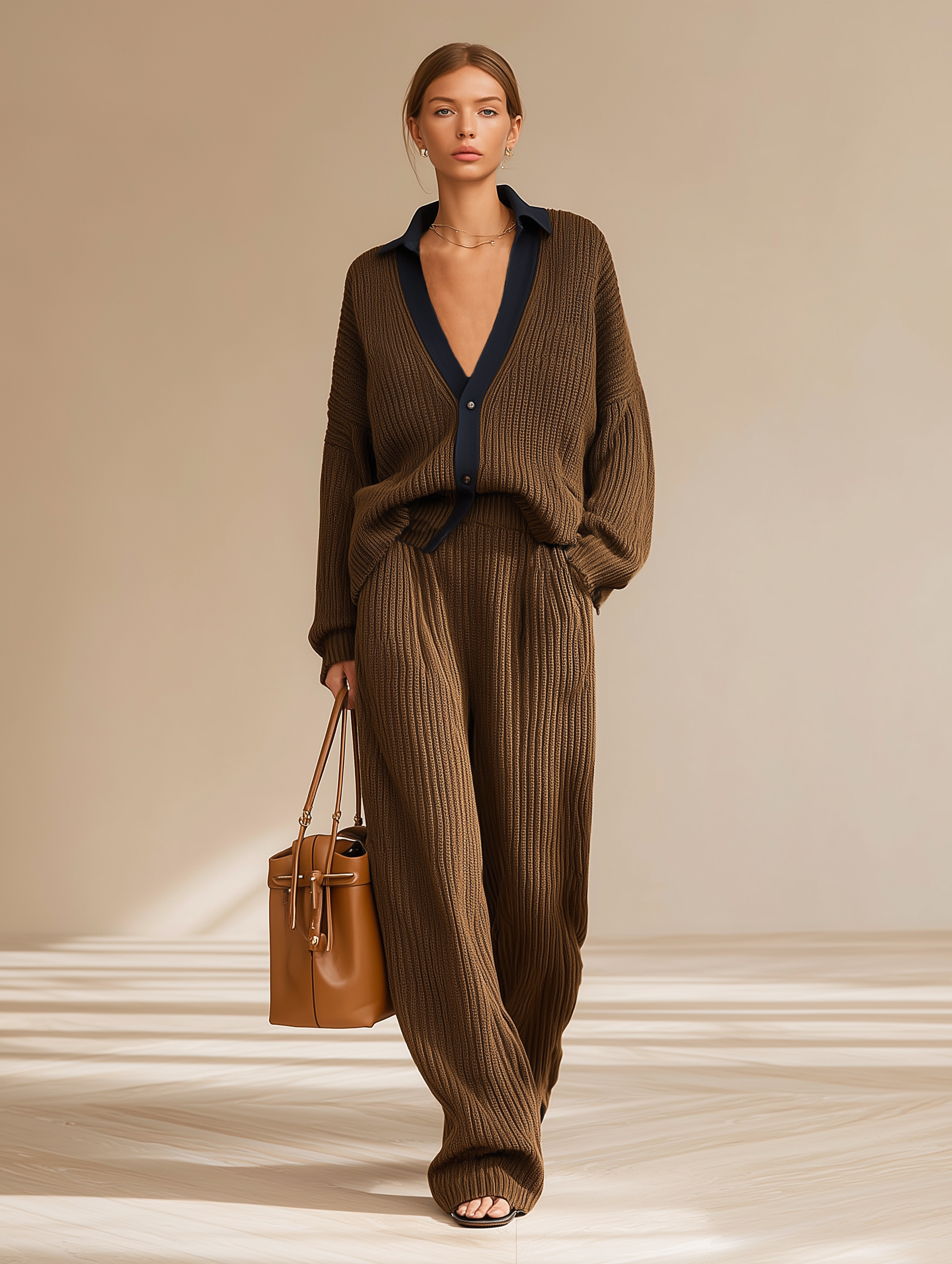 Women's Loose-fitting Knitted Color-blocked Collared Cardigan And Wide-leg Pants Set MDA1549J8Y