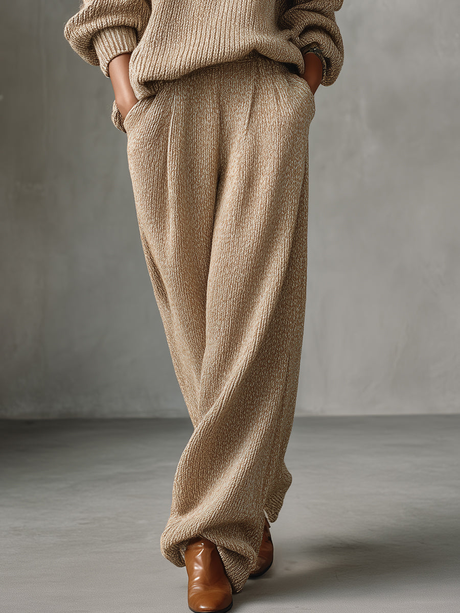 Women's Beige Elegant Knit V - Neck Sweater & Wide - Leg Pants Set MDA1485H8I