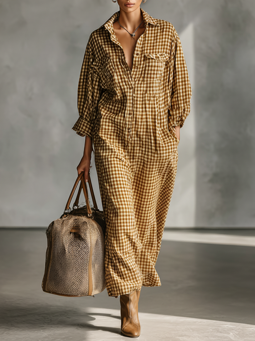 Women's Minimalist Plaid Button-down Lapel Maxi Dress MDA1636J0Y