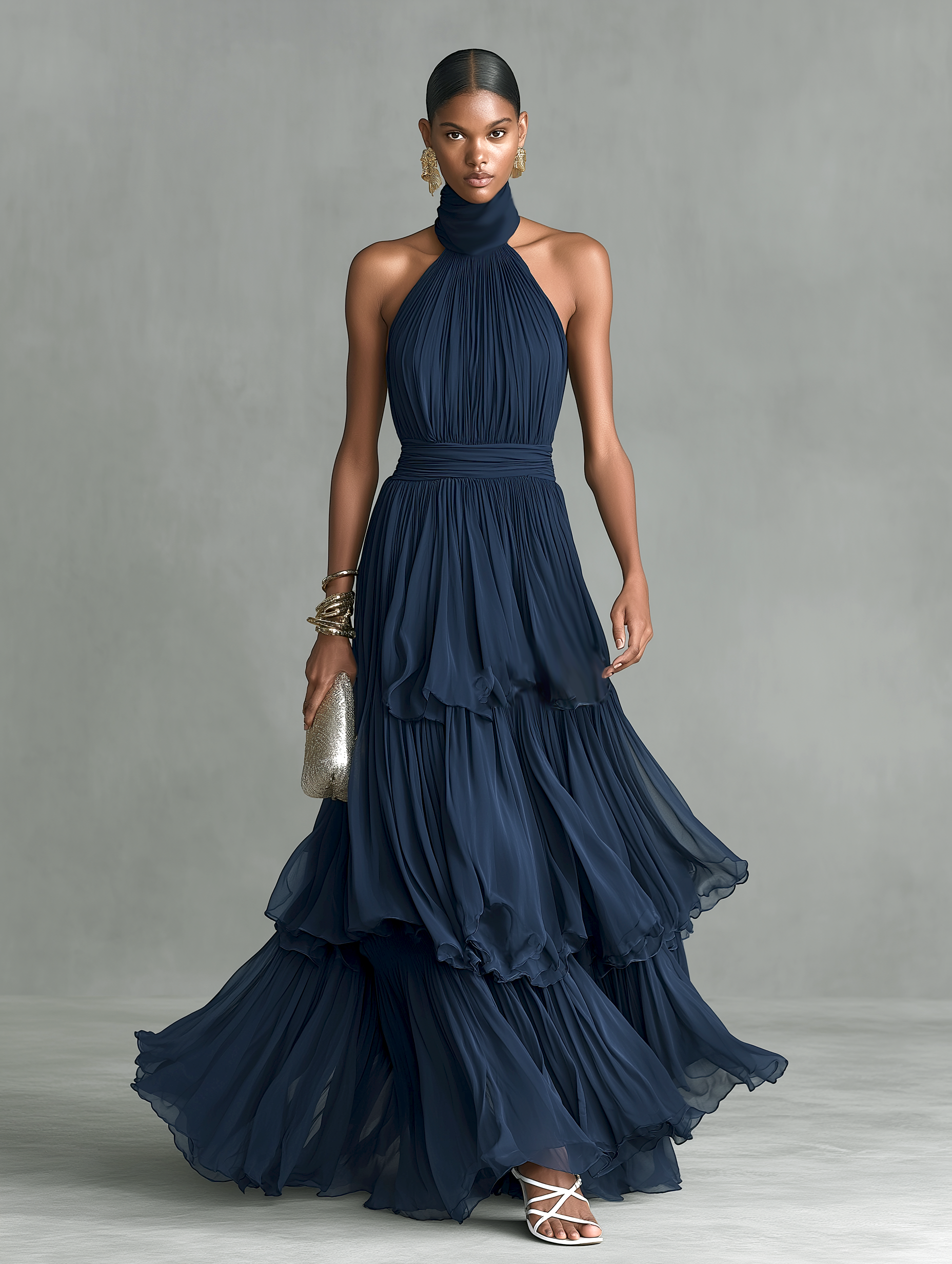 Women's Elegant Dark Blue Chiffon Halter Neck Sleeveless Long Dress MDZ2491B5AN