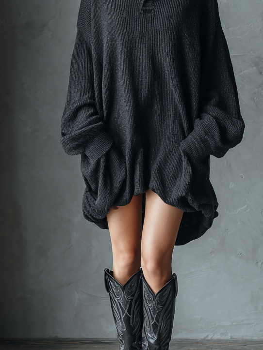 Women's Vintage Knit Lapel Loose Mini Dress MDA1270H0Y