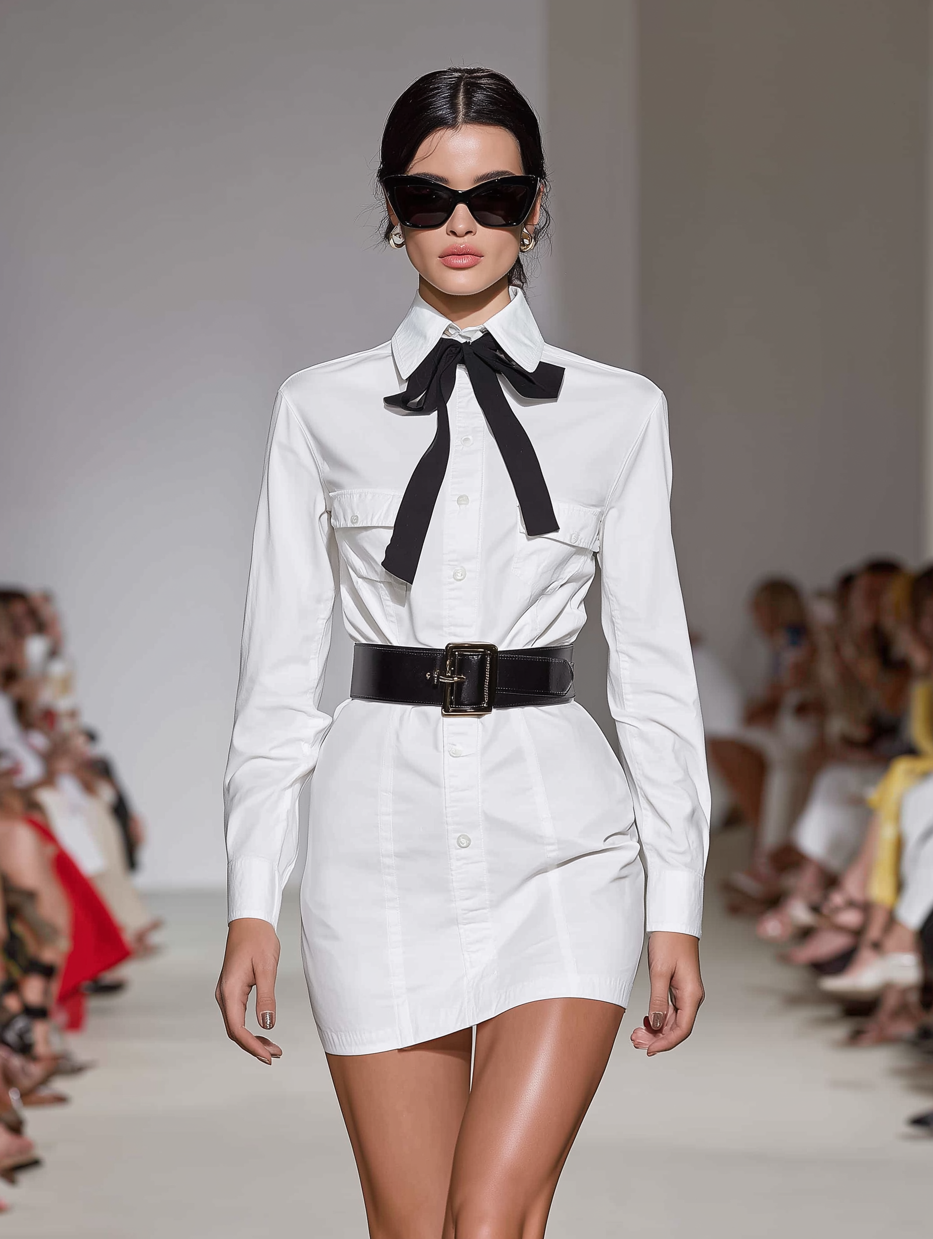 Women's Fashionable Casual White Long-sleeved Shirt Dress With Black Belt And Waist-cinching Design And Bow Tie MDA2107K0AN