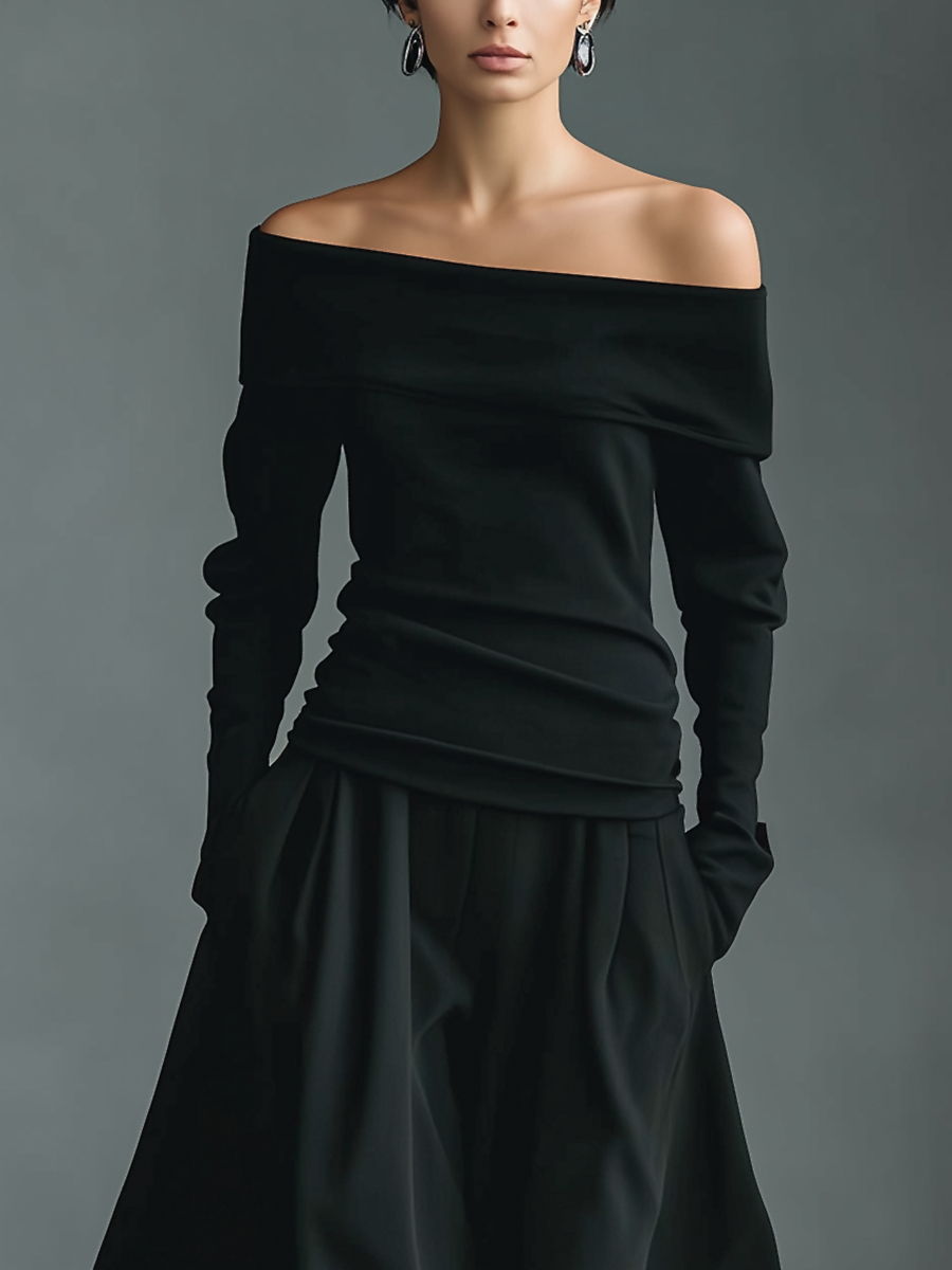 Women's Black Knit Off-Shoulder Fitted Top And Chiffon Skirt Set MDA1430K2T