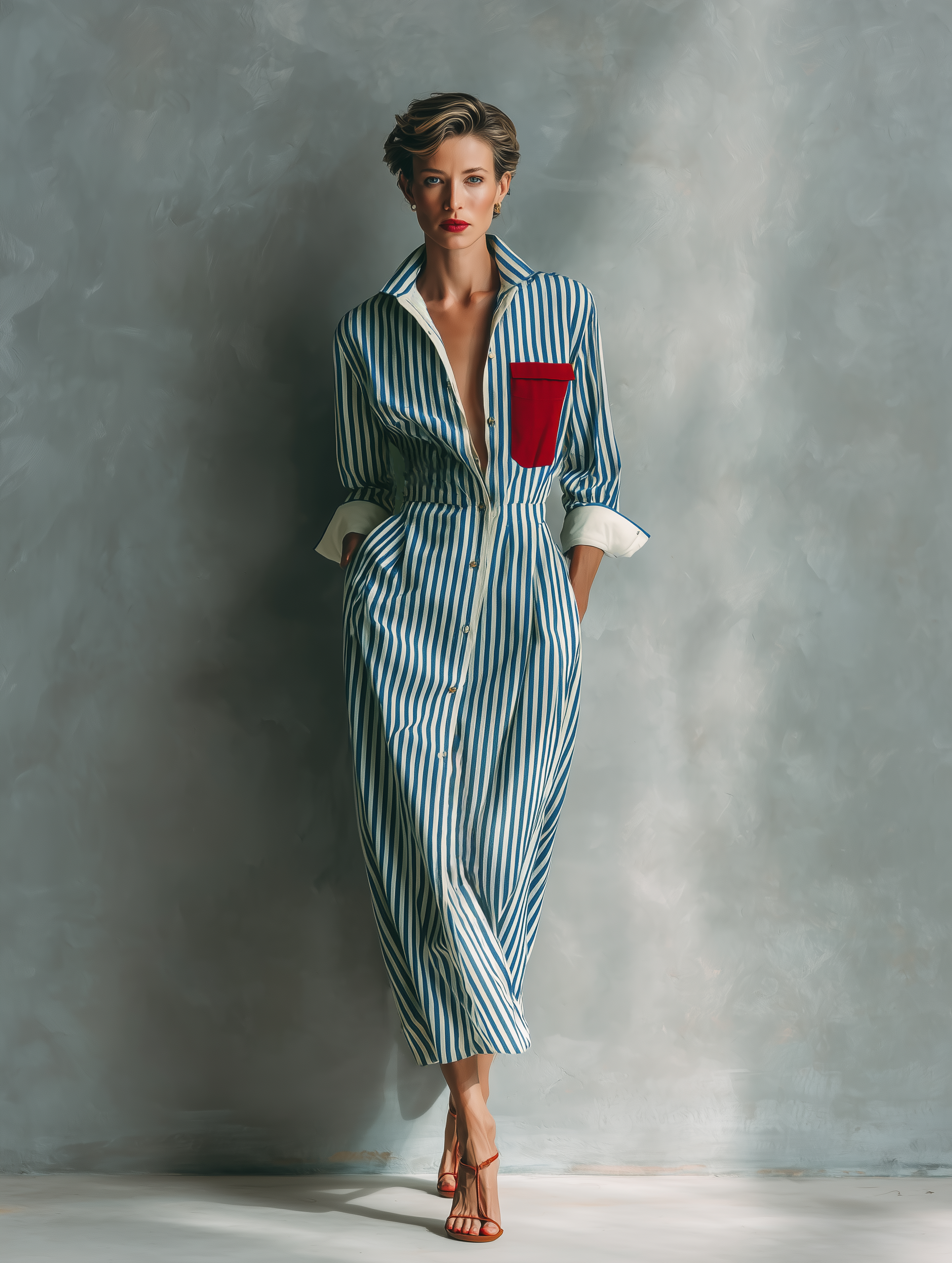 Women's Blue And White Cotton Blend Striped Shirt Dress With Red Chest   Modesees