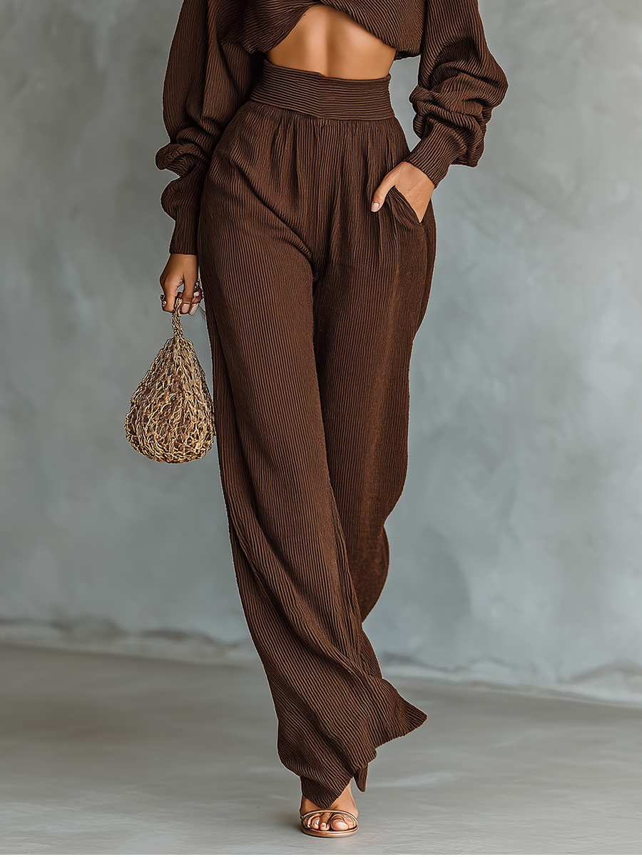 Women's Coffee-colored Short Top And Wide-leg Pants Knitted Set MDA3000G6T