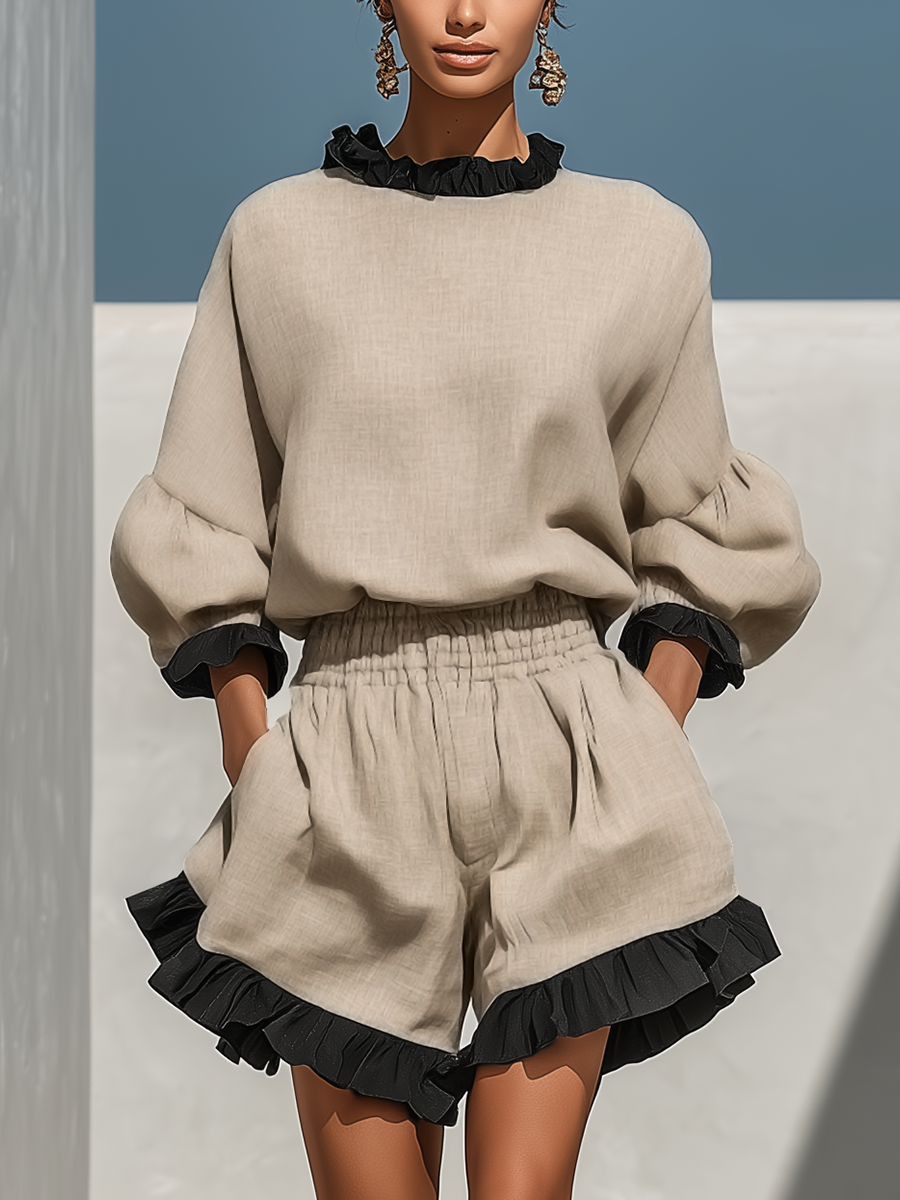 Women’s Beige Linen-Blend Contrast Ruffle Trim Long Sleeve Blouse & High-Waisted Ruffle Hem Shorts Two-Piece Set MDZ1018D0T