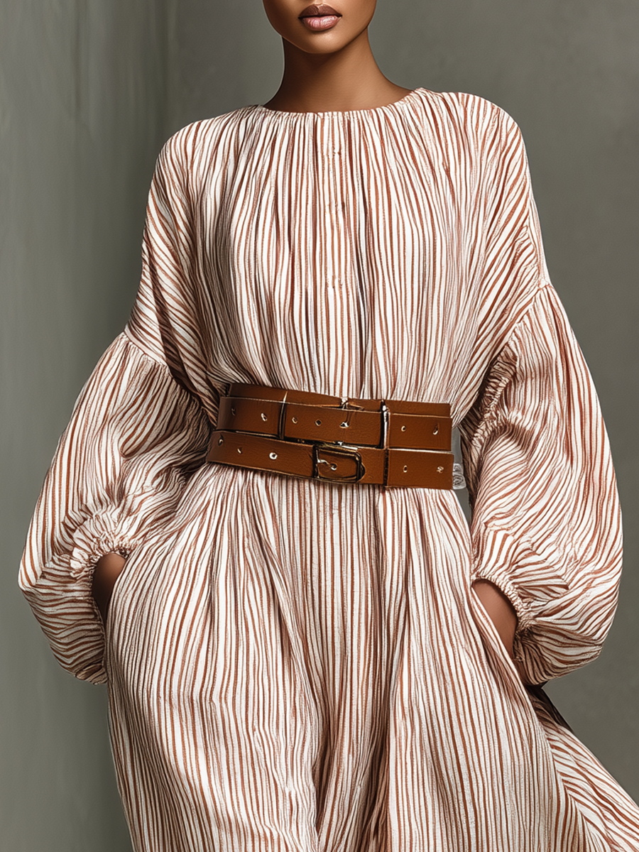 Women's Crew Neck Striped Belted Maxi Dress (without Belt) MDA1945G0T