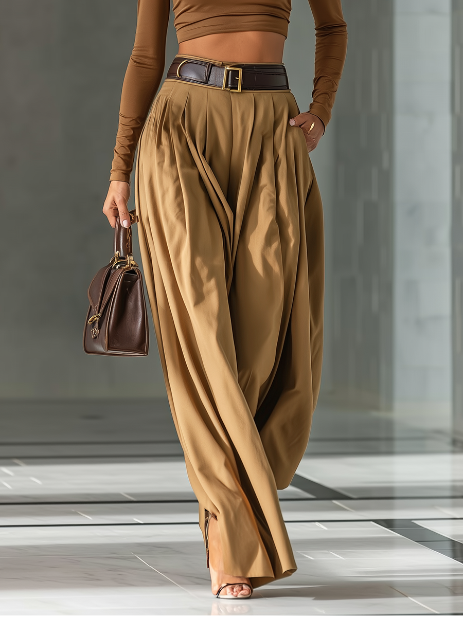 Women's Blended Brown Top And Wide-leg Pants Set MDA1209H0T
