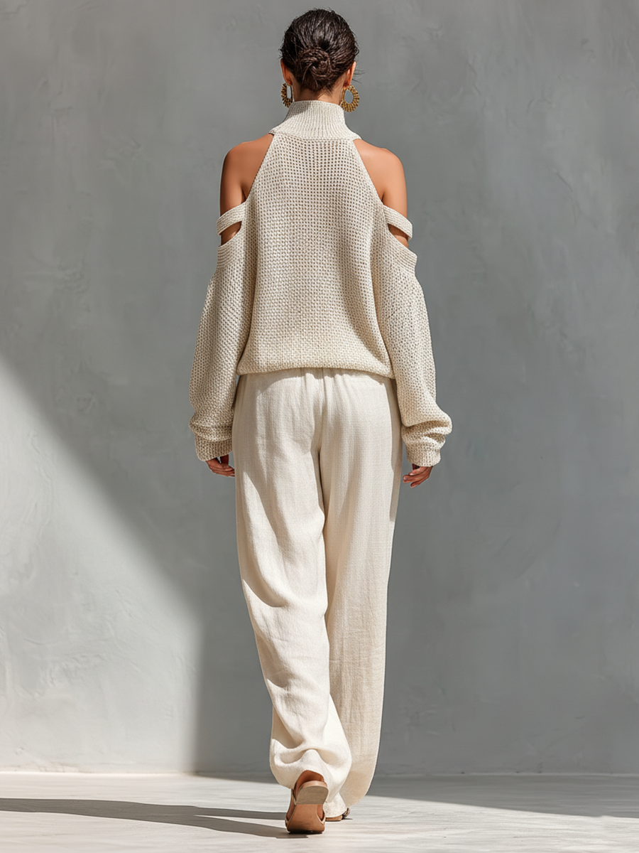 Women's Beige Knit Fabric Cold-Shoulder Turtleneck Top & Wide-Leg Pants Set MDZ0984A5T