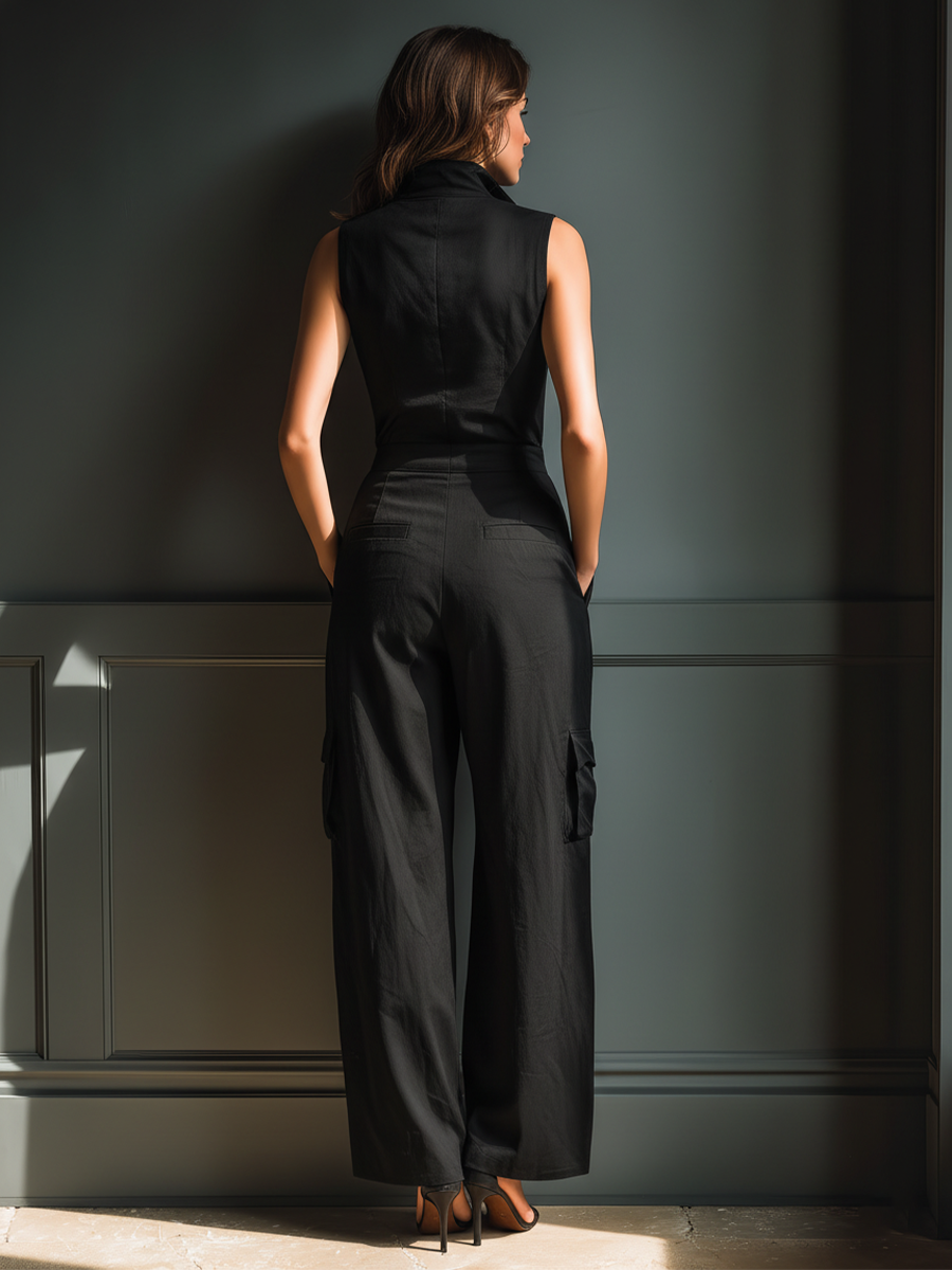 Women's Black Cotton And Linen Blend Sleeveless Collared Jumpsuit With Cargo Pockets MDZ0908A3T
