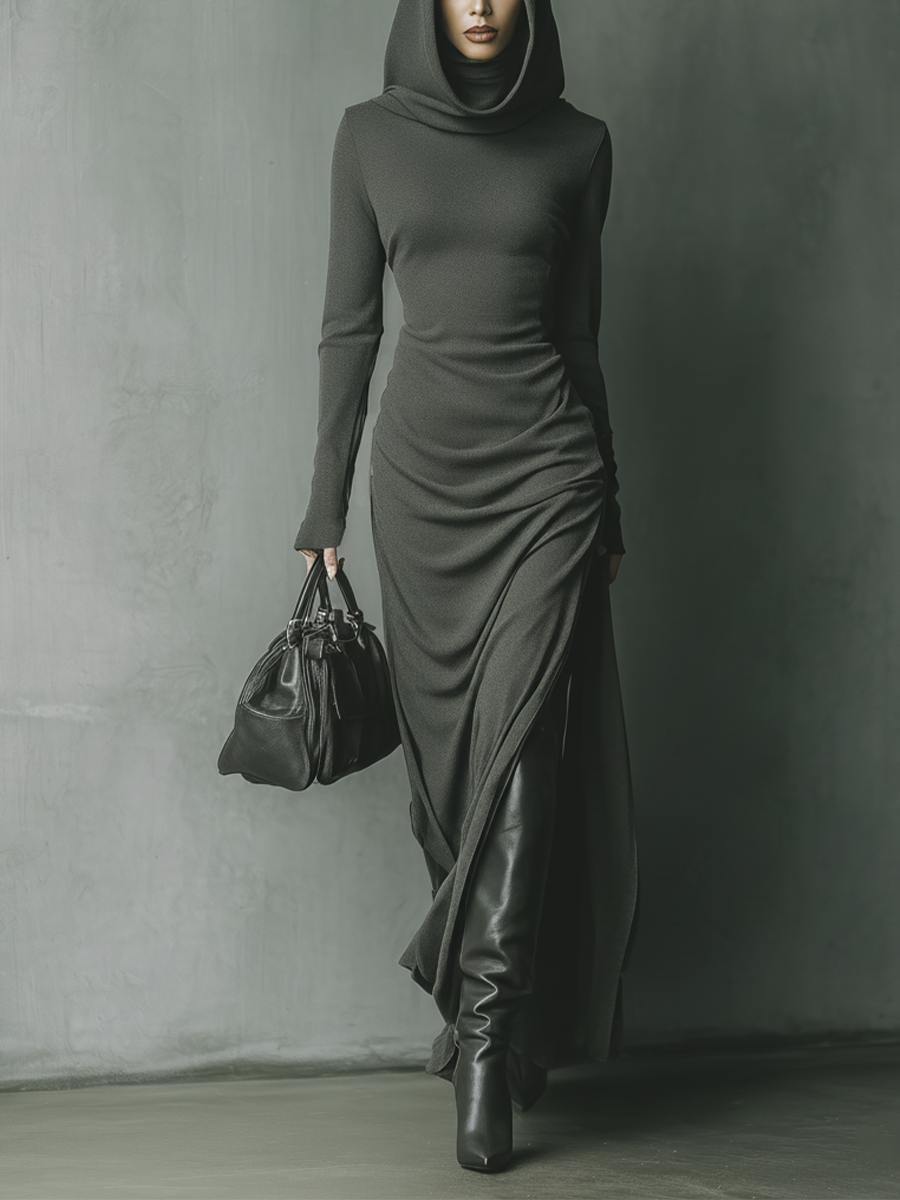 Women's Dark Grey High Elastic Knitted Hooded Maxi Dress MDA1303J1T