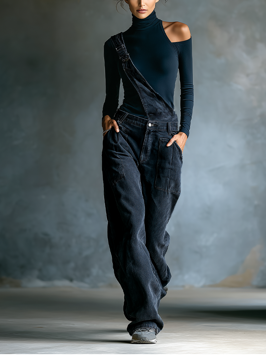 Women's Black Cotton One-shoulder Turtleneck Top And Blue-grey Denim Loose-fitting Overalls Set MDA2045K8T