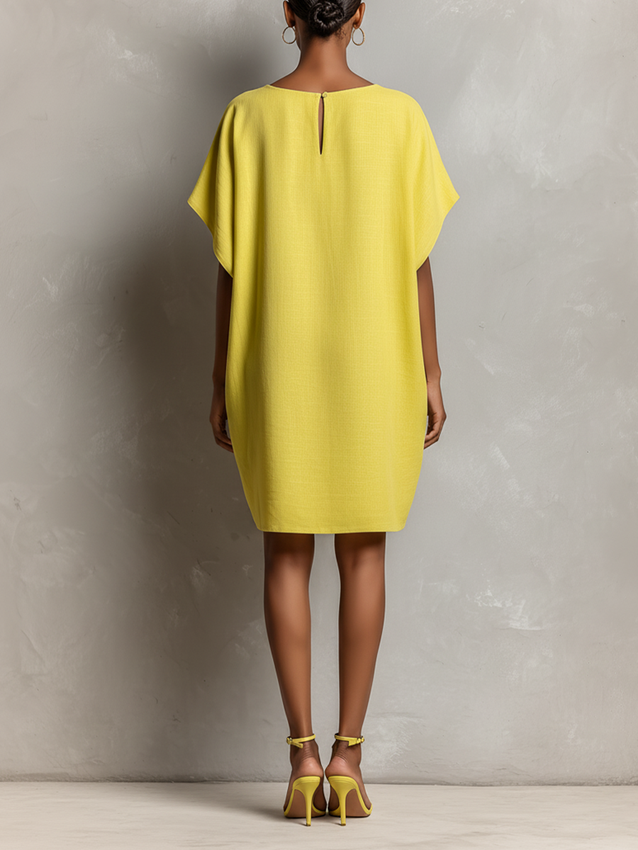 Women’s Lime Yellow Linen-Blend Batwing Sleeve Patch Pocket Shift Dress MDZ2671C3T
