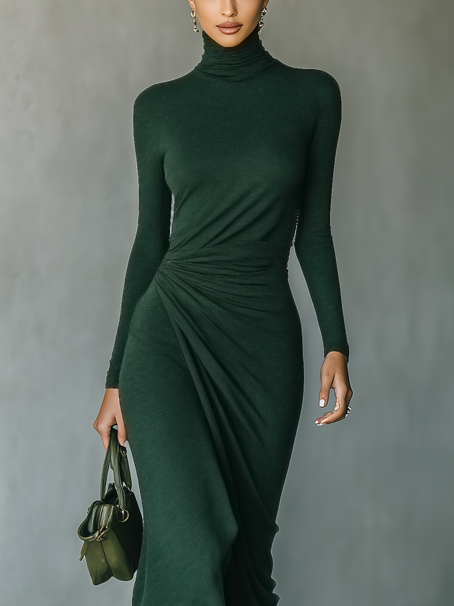 Women's Dark Green High-elastic Knitted High-neck Wrap Dress Midi Dress MDA2023J2T