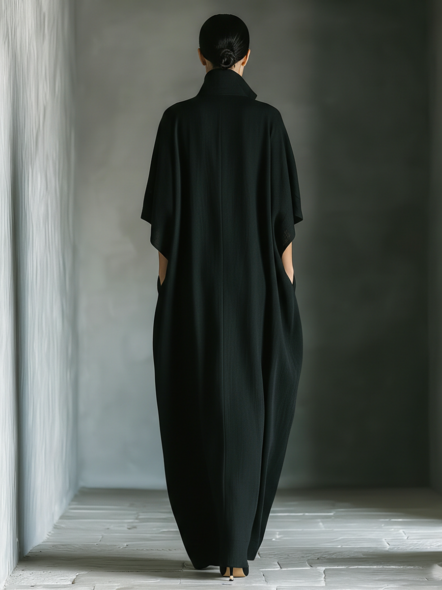 Women's Black Cotton Blend Fabric Oversized Kimono-Sleeve Maxi Dress With Pockets MDZ0577A3T