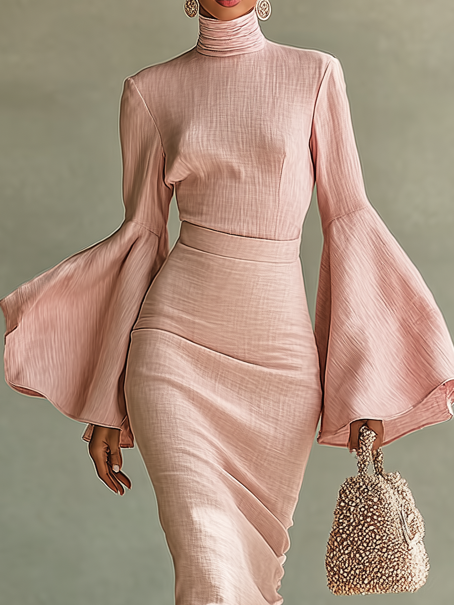 Women's Light Pink Cotton Blend Bell Sleeve Maxi Dress MDA0882H3T