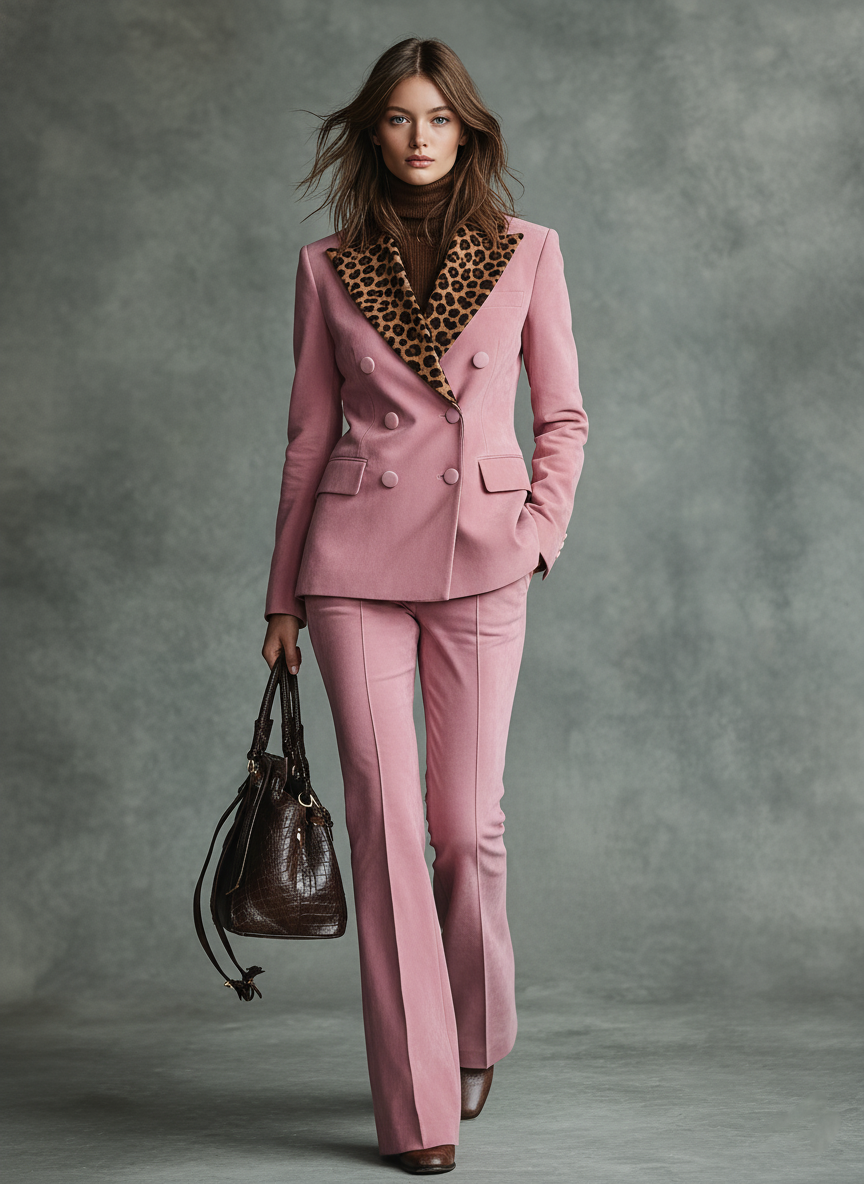 Women's Faux Suede Patchwork Leopard Print Lapel Double-breasted Blazer And Flared Trousers Set MDA0620K0Y