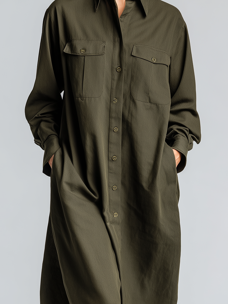 Women's Fashionable And Versatile Casual Military Green Long-sleeved Polo Dress With Tie And Pockets MDA2573K8AN