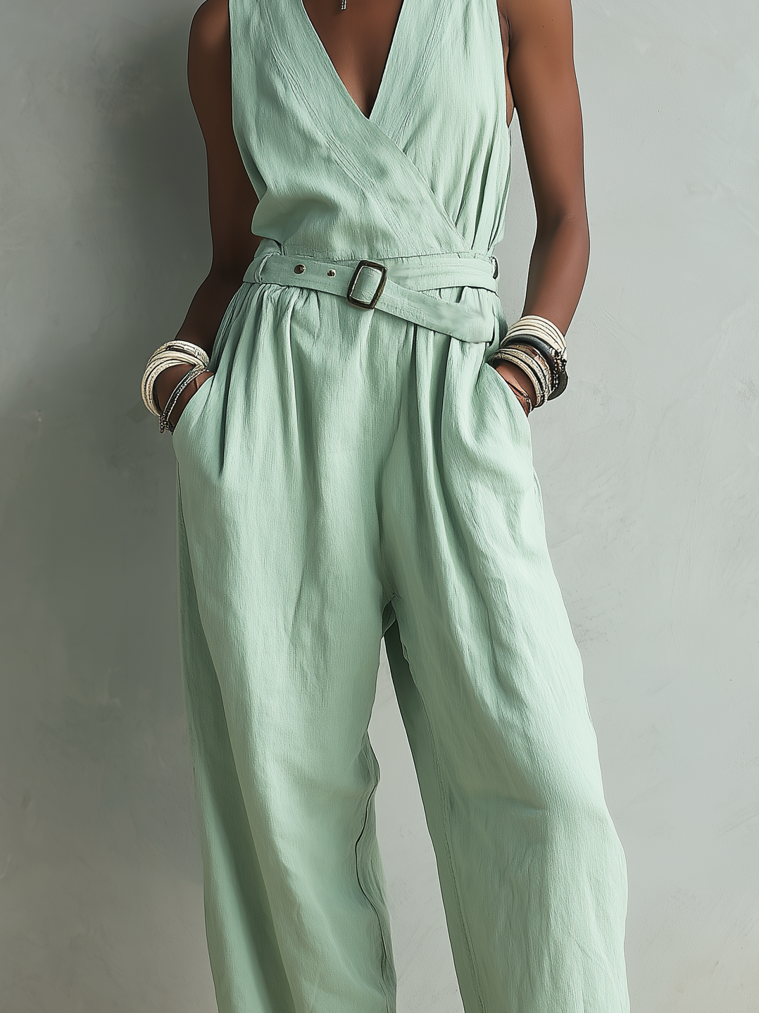 Women's Elegant Light Green Cotton Linen V-neck Sleeveless Jumpsuit MDZ2569B7AN