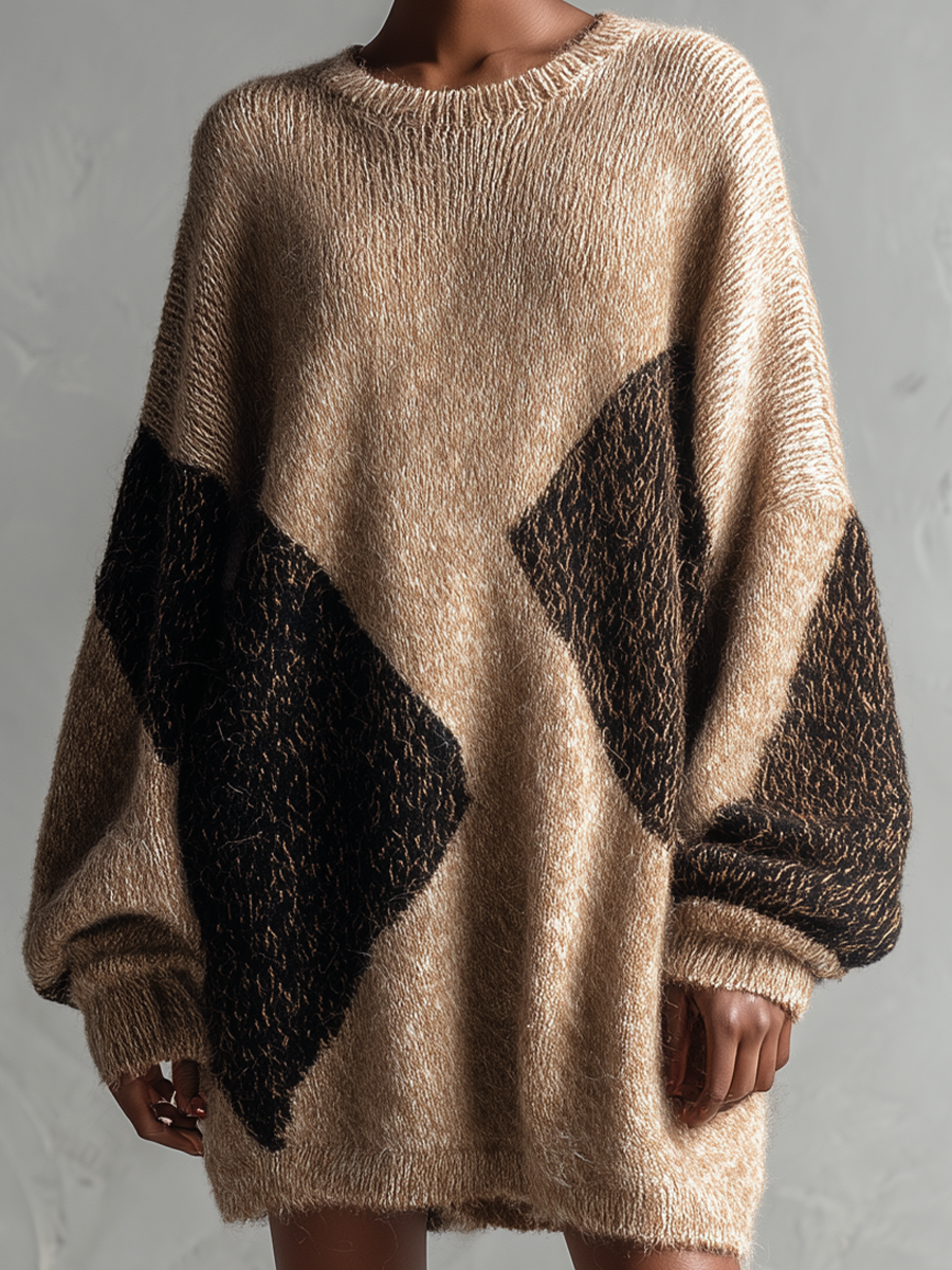 Women's Brown Patchwork Loose-fitting Plush Knit Mini Dress MDA0625K6T