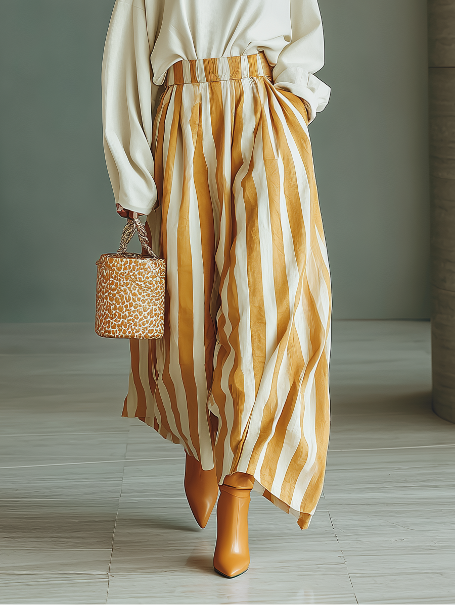 Women's White Cotton Blend Top And Ginger Striped Wide-Leg Pants Set MDA1844I1T