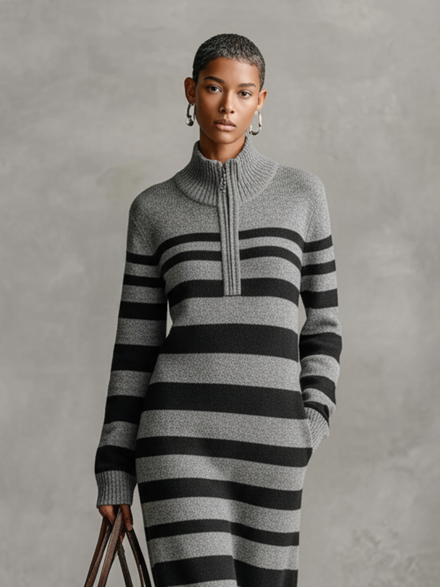 Women's Minimalist Knitted Striped Jacquard Zipper Neck Maxi Dress MDA1636J5Y