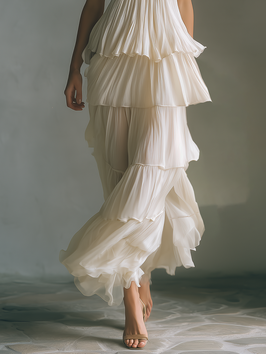 Women's Ivory Tiered Ruffle Maxi Dress With Spaghetti Straps & Sweetheart Neckline MDZ2871B0T