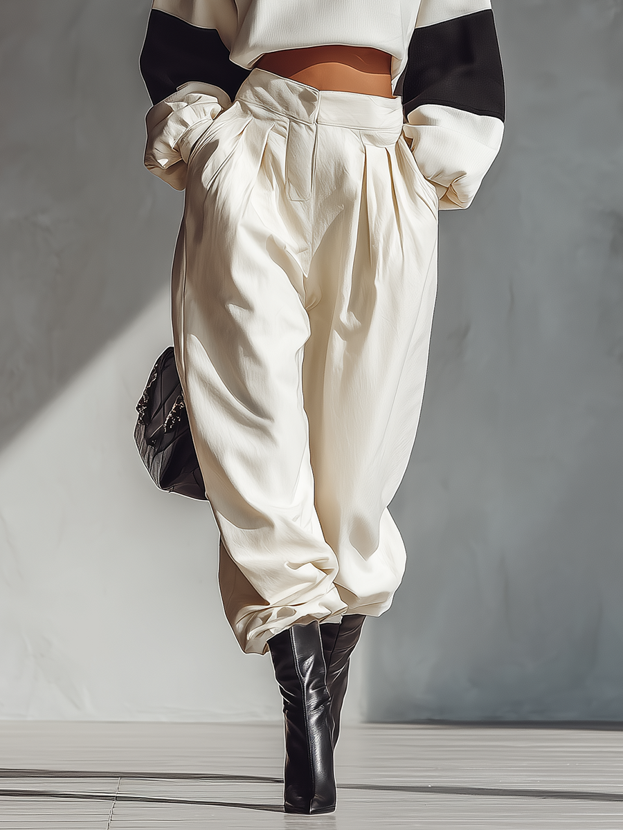 Women's White Knit Crop Top And Wide-leg Pants Set MDA1471H9T