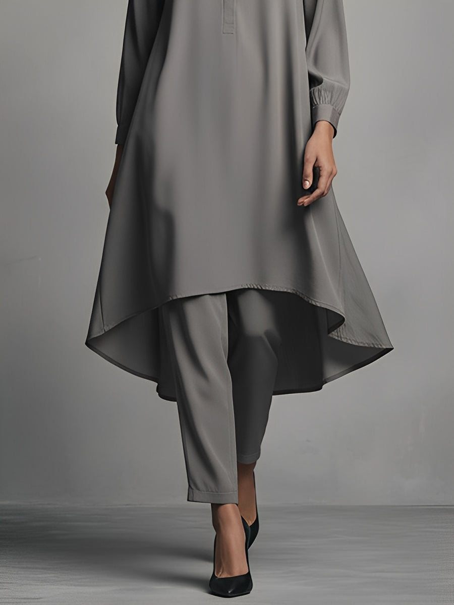 Women's Dusty Gray Silky Woven Set With Mandarin Collar & Asymmetric Tunic, Timeless Refined Style Set MDA1752L9I